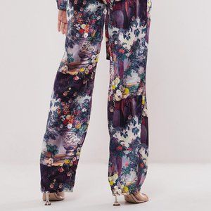 Missguided Purple Floral Straight Leg Satin Pants
